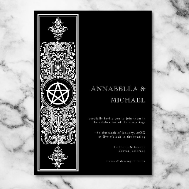 Invitation Pentagramme gothique étoile noir blanc Mariage (Gothic Pentagram Star Black White Wedding Invitation)
