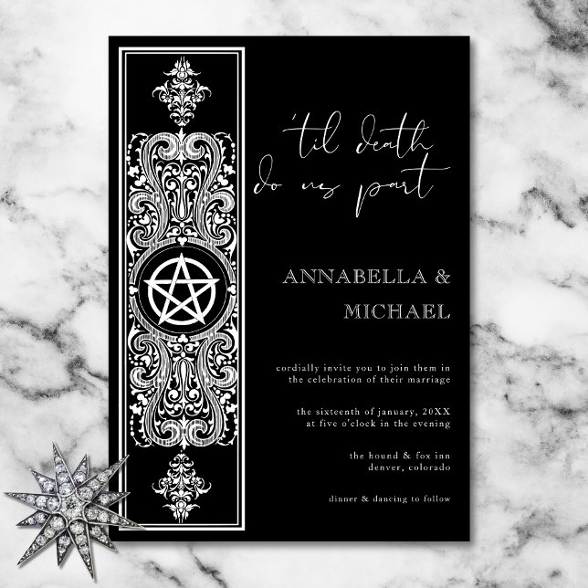 Invitation Pentagramme gothique étoile noir blanc Mariage (Gothic Pentagram Star Black White Wedding Invitation)