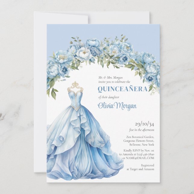 Invitation Peonées à fleurs bleues pastel Formal Gown Quincea (Devant)