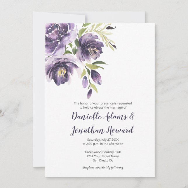Invitation Peonées de lavande violette - Mariage de dos viole (Devant)