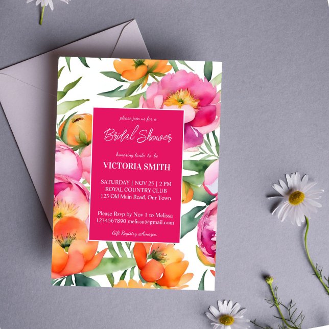 Invitation Peonées rose magenta orange élégante douche nuptia (Bold Pink magenta orange peonies elegant bridal shower editable template invitation digital download)