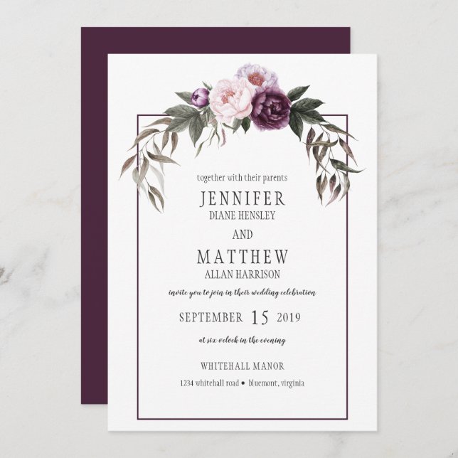 Invitation Peonées rose prune violette Mariages d'aquarelle # (Devant / Derrière)