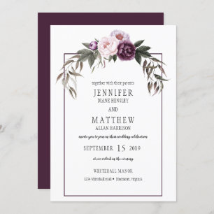 Invitation Peonées rose prune violette Mariages d'aquarelle #