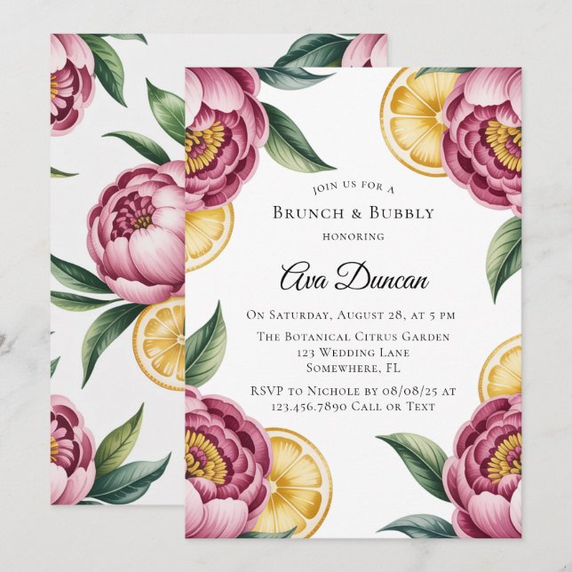 Invitation Peonées roses et citron brunch et Bubbly (Devant / Derrière)