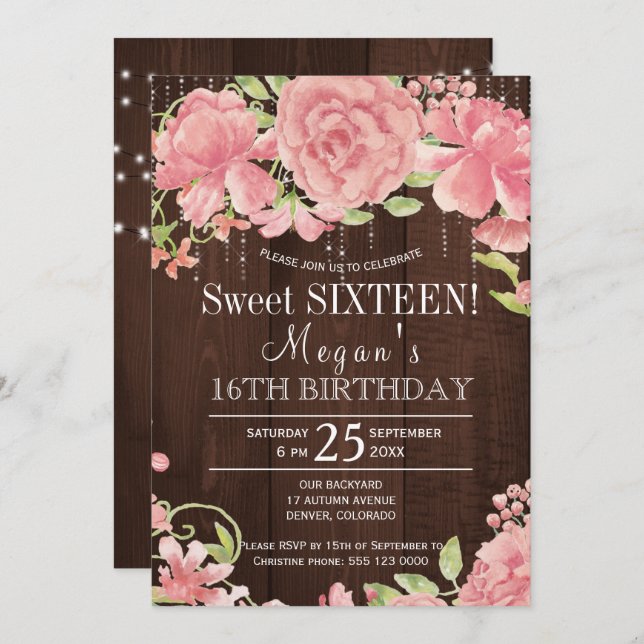 Invitation Peonées rousses à fleurs rustiques sweet sixteen e (Devant / Derrière)