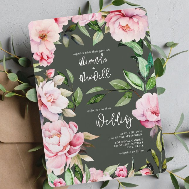 Invitation Peonies Aquarelle Mariage vert foncé (Créateur téléchargé)
