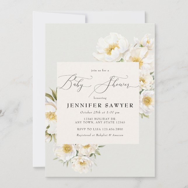 Invitation Peonies blanches | Baby shower photo (Devant)