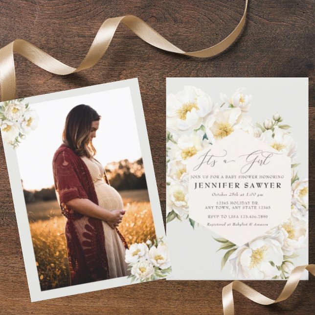 Invitation Peonies blanches | Baby shower photo (Créateur téléchargé)