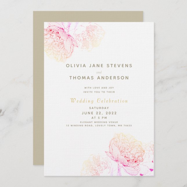 Invitation Peonies Blush Gold Élégant Mariage classique moder (Devant / Derrière)