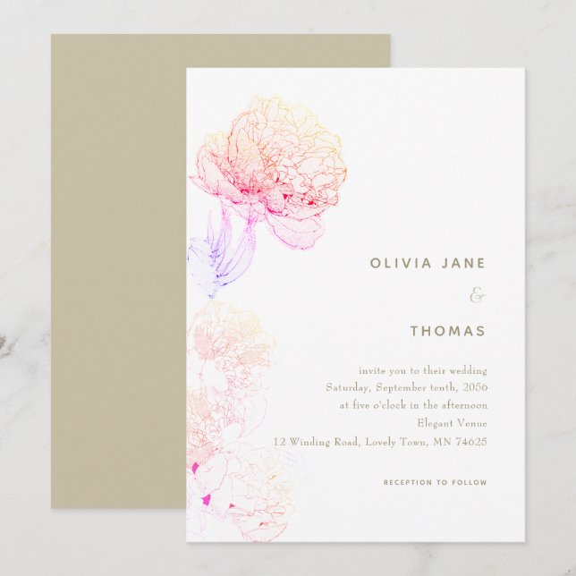 Invitation Peonies Blush Gold Elegant Mariage de croquis flor (Devant / Derrière)