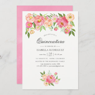 Invitation Peonies d'aquarelle rose pastel Quinceañera