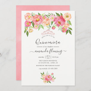 Invitation Peonies d'aquarelle rose pastel Quinceañera