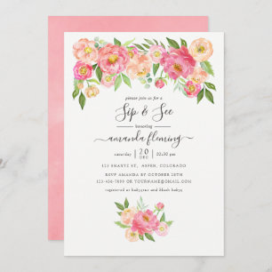 Invitation Peonies d'aquarelle rose Pastel Sip et voir