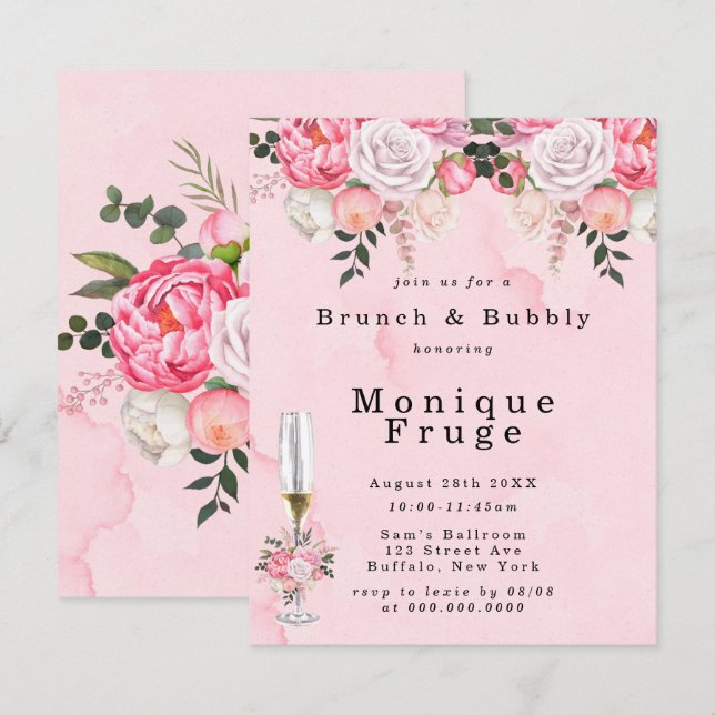 Invitation Peonies de couleur blanche rose vif Brunch & Bubbl (Devant / Derrière)