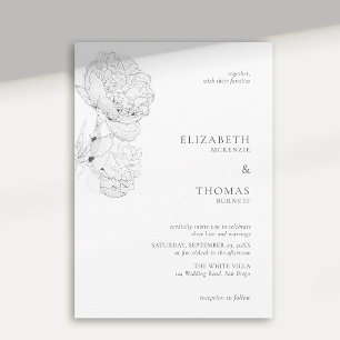 Invitation Peonies délicates Encre Noir Blanc Élégant Mariage