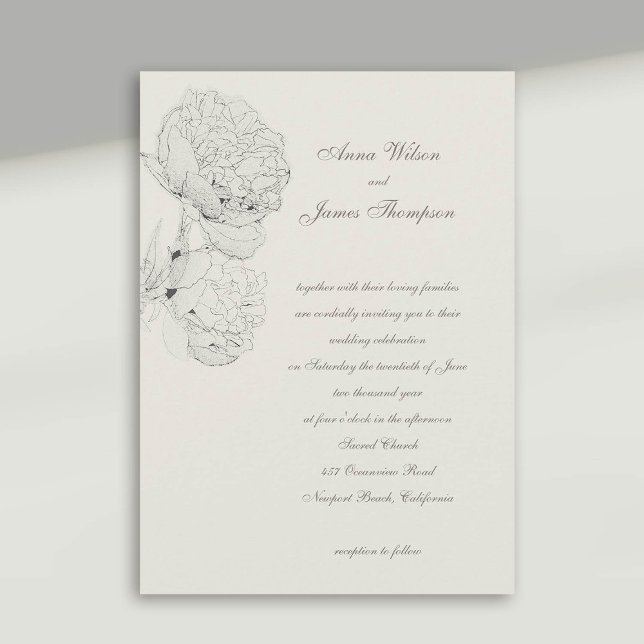 Invitation Peonies en encre croquis Ecru Mariage de calligrap (peony wedding invitation large blooms ink sketch ecru white formal calligraphy modern classic)