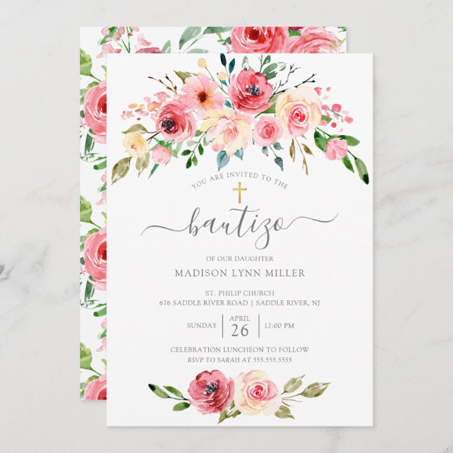 Invitation Peonies Floral Espagnol Baptême (Devant / Derrière)
