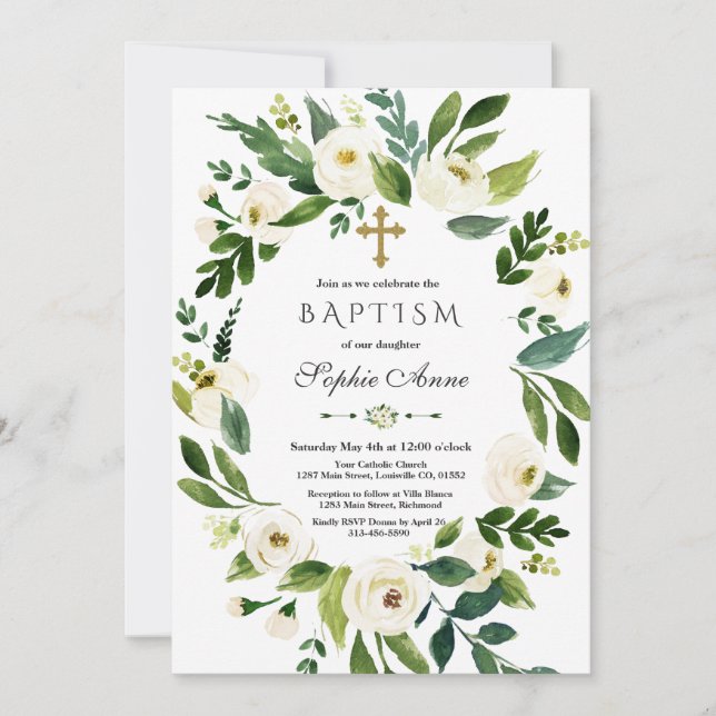 Invitation Peonies florales blanches modernes Wreath Baptême (Devant)