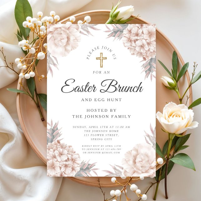 Invitation Peonies florales modernes Brunch religieux de Pâqu (Modern Floral Peonies Religious Easter Brunch Invitation)