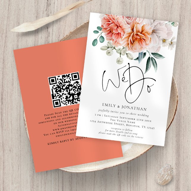 Invitation Peonies Florales Pêcher Corail Nous faisons QR Cod (Front and back view)