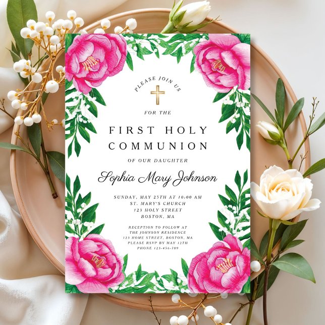Invitation Peonies florales roses Première communion religieu (Pink Floral Peonies Religious First Communion Invitation)