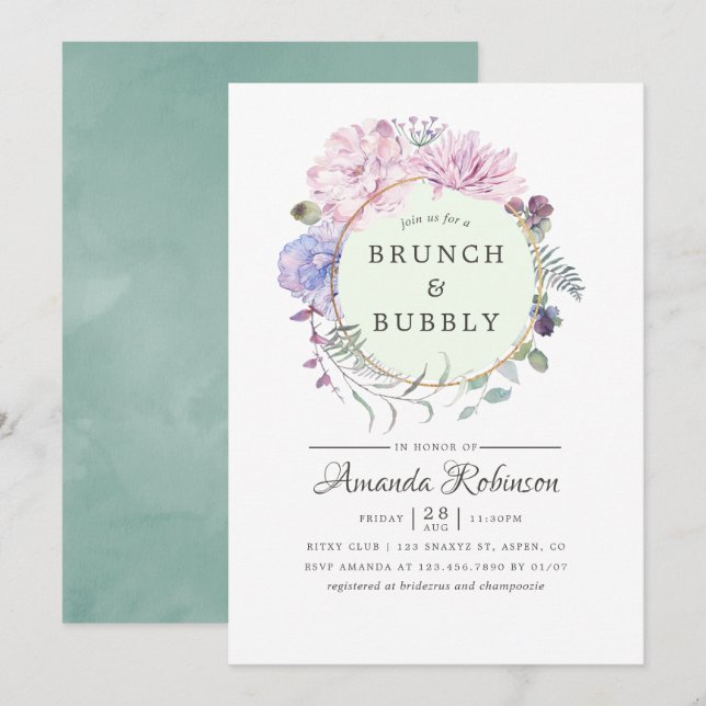 Invitation Peonies géométriques Pastel Brunch floral et bulle (Devant / Derrière)
