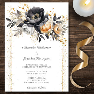 Invitation Peonies noires et or avec Mariage à effet Parties