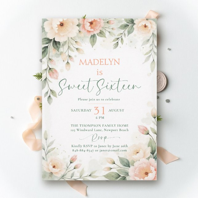 Invitation Peonies Peach Pink Elegant Script Floral Sweet 16 (sweet sixteen birthday invitation peony floral peach pink green script elegant classy chic )