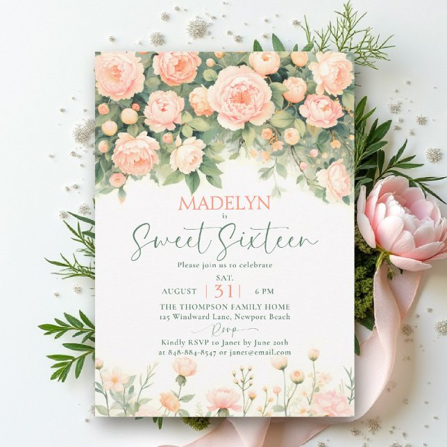 Invitation Peonies Pink Peach Script Elegant Floral Sweet 16 (sweet sixteen birthday invitation peony floral peach pink green script elegant classy chic)