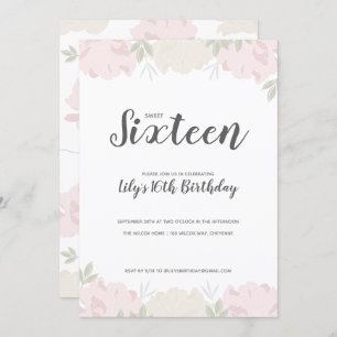 Invitation Peonies rose et crème Douce 16 fête d'anniversaire