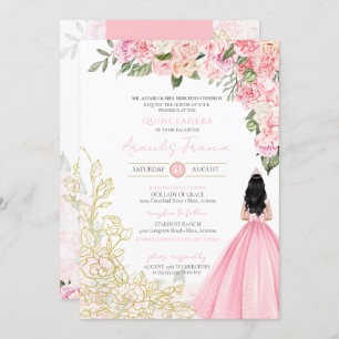 Invitation Peonies rose et or Floral Quinceanera Élégant