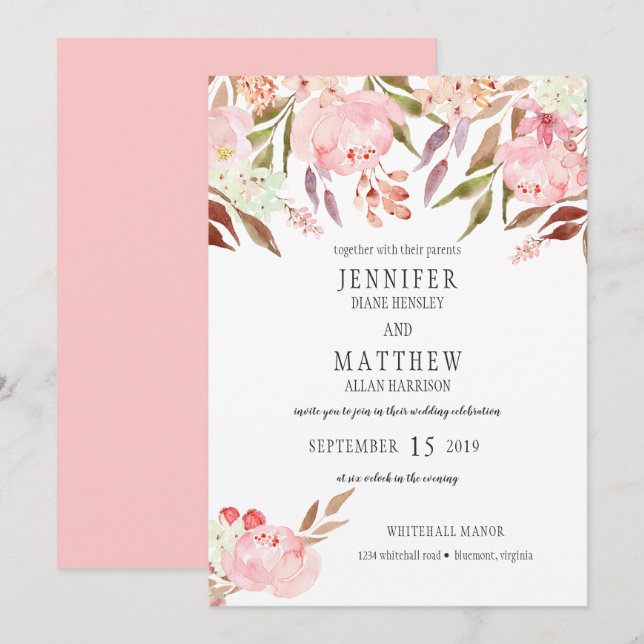 Invitation Peonies rose moderne Fleur sauvage Mariage de verd (Devant / Derrière)
