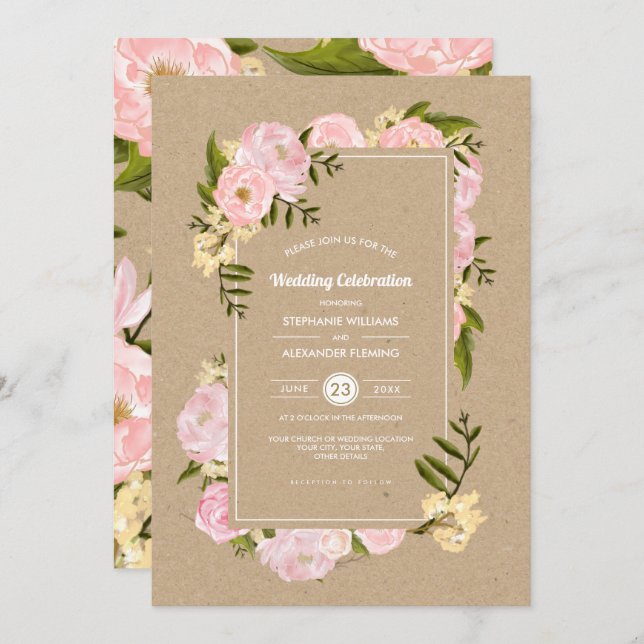 Invitation Peonies rose pâle Kraft papier Mariage rustique (Devant / Derrière)