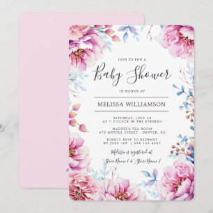 Invitation Peonies roses Aquarelle Baby shower Floral