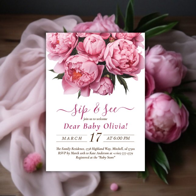 Invitation Peonies roses Aquarelle Sip et voir l'invitation (Pink Peonies Watercolor Sip and See Invitation)