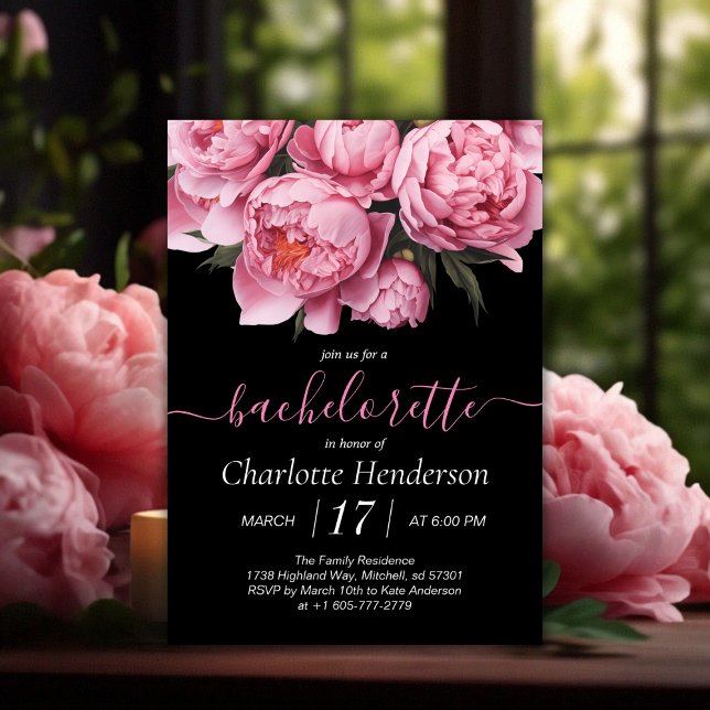 Invitation Peonies roses Black Bachelorette Party (Pink Peonies Watercolor Black Bachelorette Party Invitation)