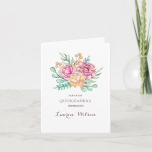 Invitation Peonies roses Bouguet Quinceanera plié