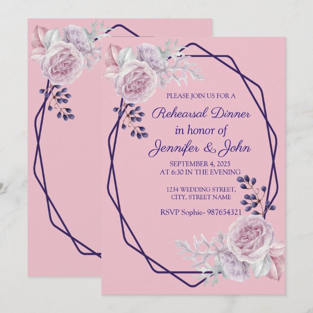 Invitation Peonies roses Cadre géométrique violet (Devant / Derrière)
