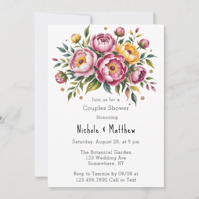 Invitation Peonies roses et Couples Floraux Jaunes Douche (Devant)