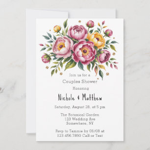 Invitation Peonies roses et Couples Floraux Jaunes Douche