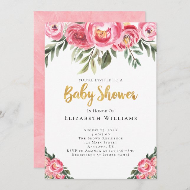 Invitation Peonies roses Fleurs d'aquarelle Baby shower fille (Devant / Derrière)