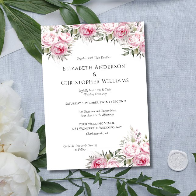 Invitation Peonies roses Fleurs florales Mariage d'aquarelle (Pink Floral Peonies with Greenery Elegant Wedding Invitation. Printed or Digital Instant Download)