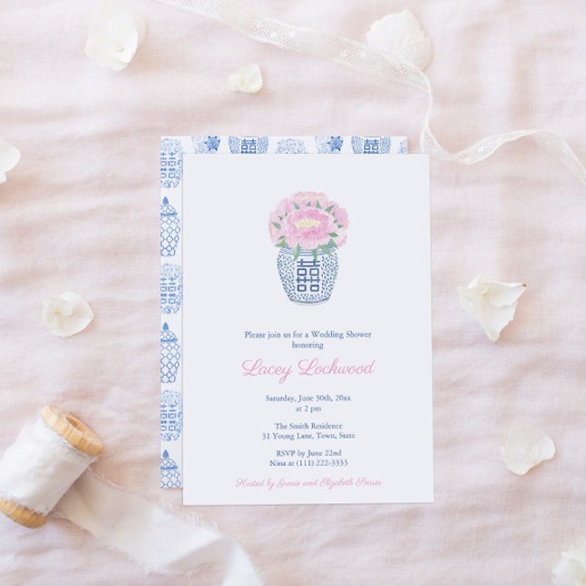Invitation Peonies roses Préppy Bleu Vase Fête des mariées bl (Bridal Shower Invitation With Pink Peonies In A Ginger Jar Vase And Co-ordinating Ginger Jar Backer)