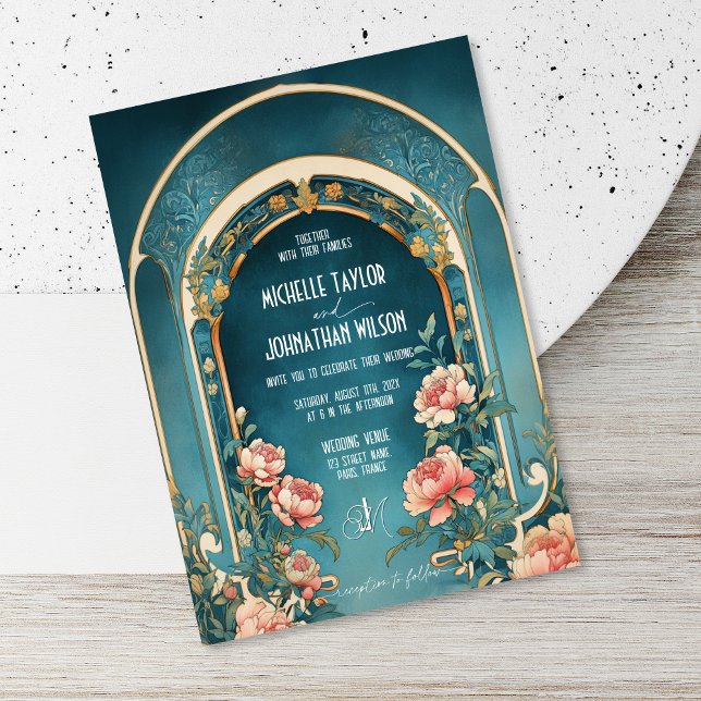 Invitation Peonies roses vintages Art Nouveau Alfonse Mucha (blush pink peonies and gold frame on the blue background art nouveau wedding invitations)