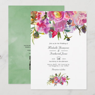 Invitation Peonies roses vintages Code QR Mariage RSVP