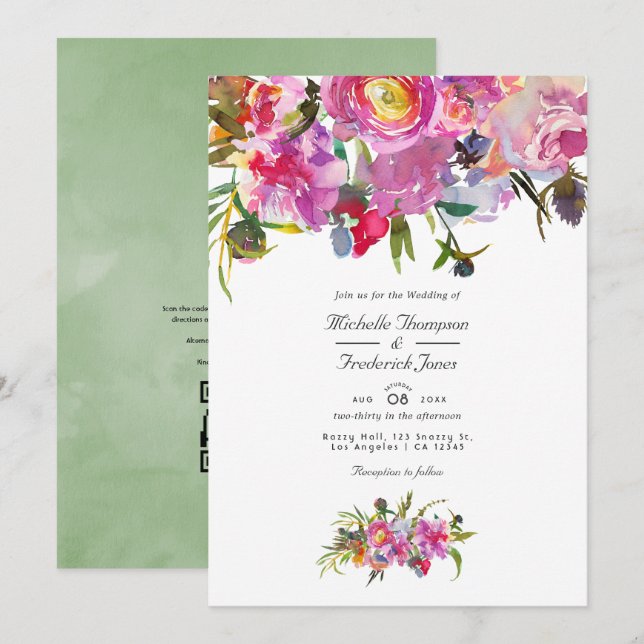 Invitation Peonies roses vintages Code QR Mariage RSVP (Devant / Derrière)