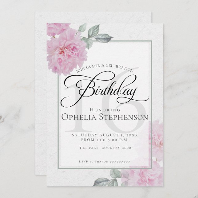 Invitation Peonies roses vintages Sweet sixteen Anniversaire (Devant / Derrière)