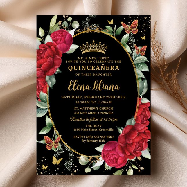 Invitation Peonies rouges Papillons floraux Quinceañera or (elegant red peonies floral flowers black background gold oval frame butterflies quinceanera invites)