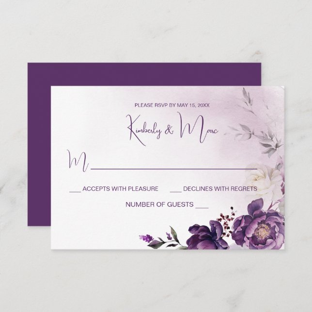 Invitation Peonies violettes Mariage floral RSVP (Devant / Derrière)