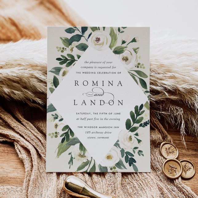 Invitation Peony blanc | Mariage de cadre fleuri géométrique (Créateur téléchargé)